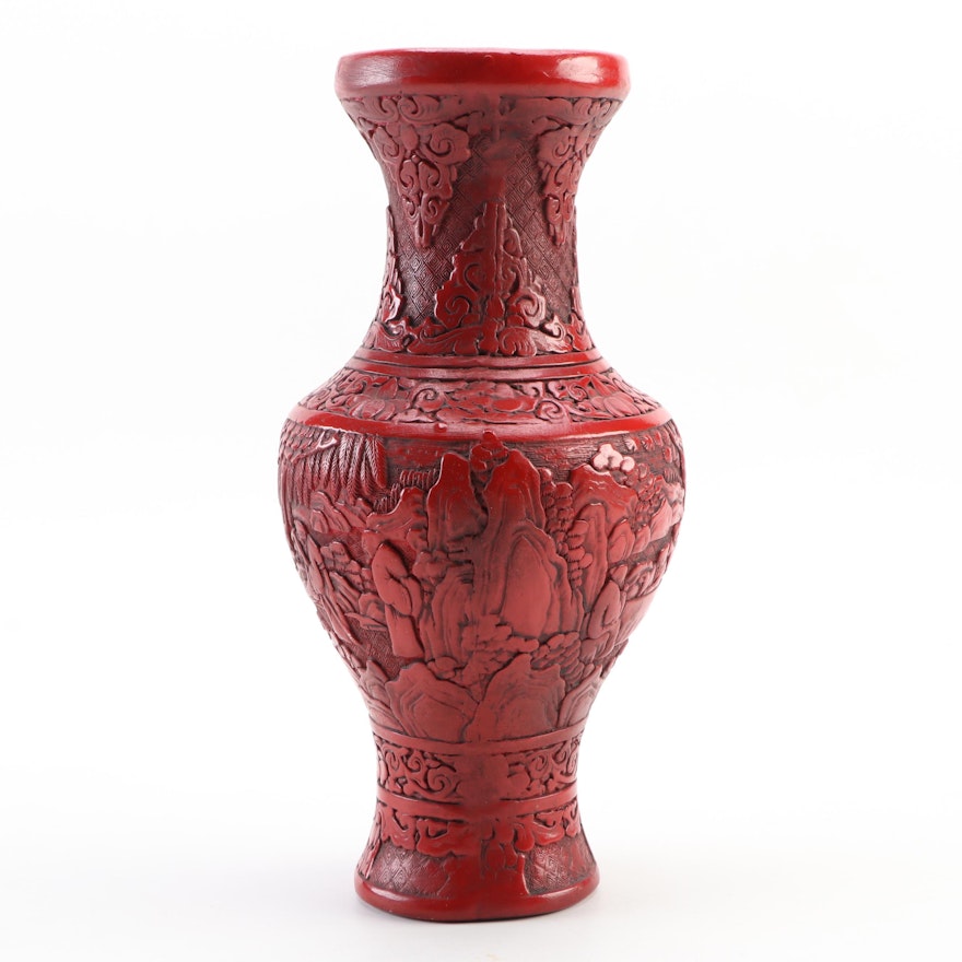 Chinese Cinnabar Style Chalkware Baluster Vase, Mid-20th Century