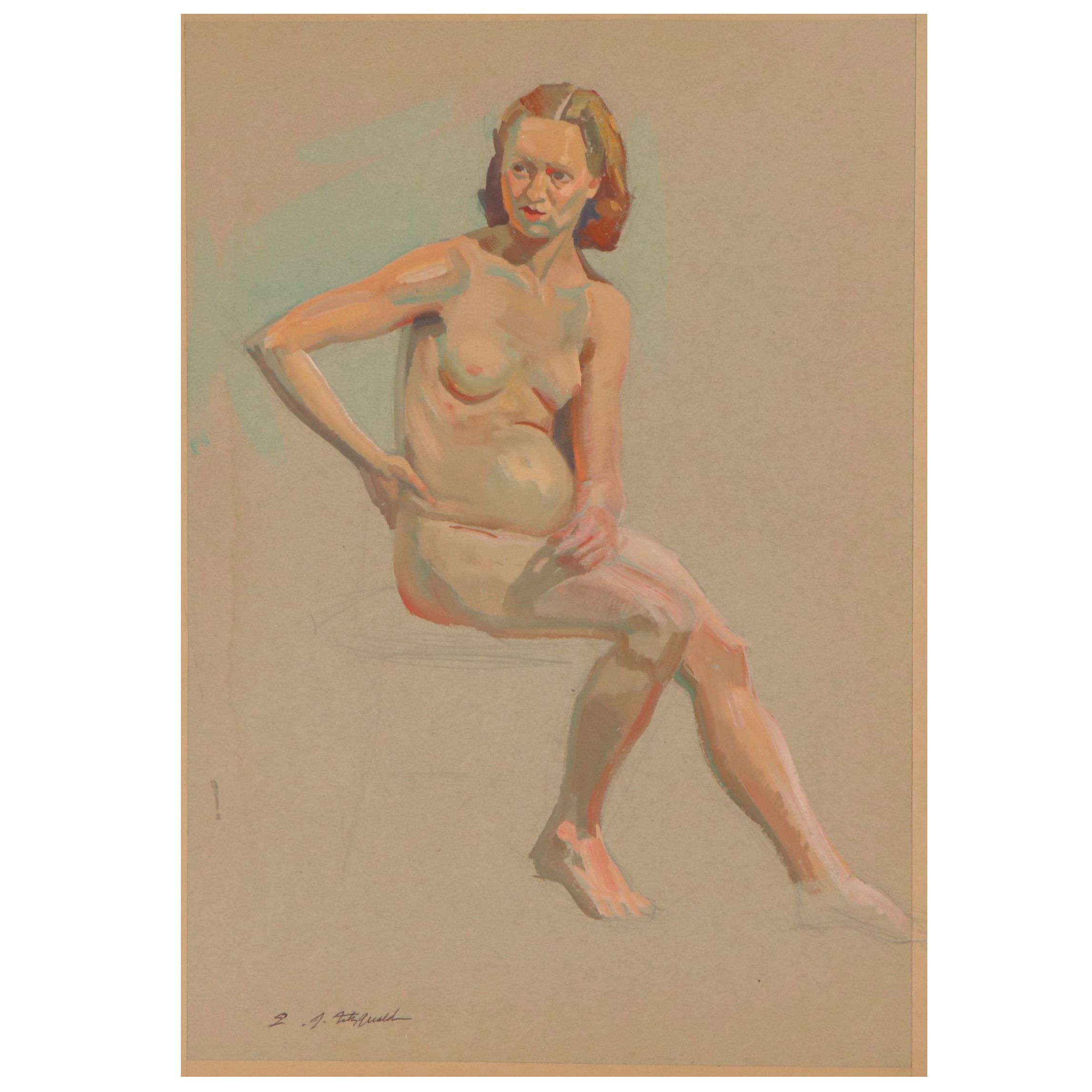 Edmond J. Fitzgerald Watercolor Painting of Seated Nude, Late 20th Century