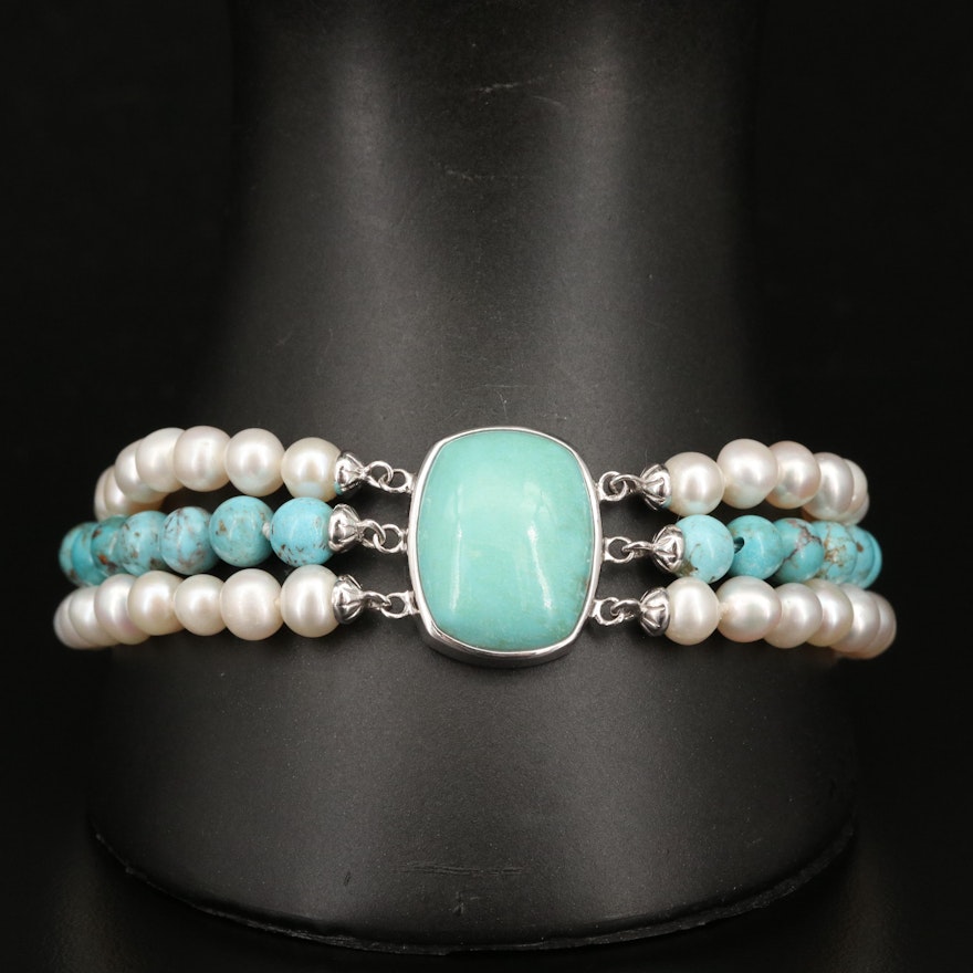 Sterling Turquoise and Pearl Triple Strand Bracelet