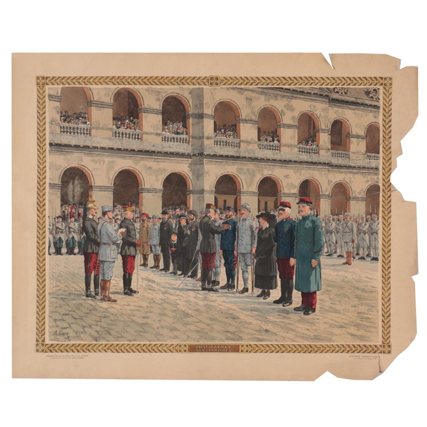 Th. Smid Hand-Colored Lithograph "Prise d'Armes aux Invalides," Circa 1916