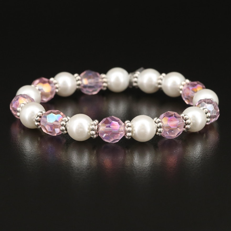 Faux Pearl and Glass Expandable Bracelet