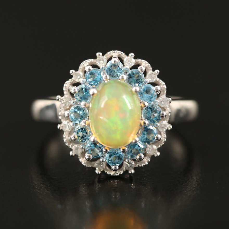 Sterling Opal, Topaz and Diamond Scalloped Halo Ring