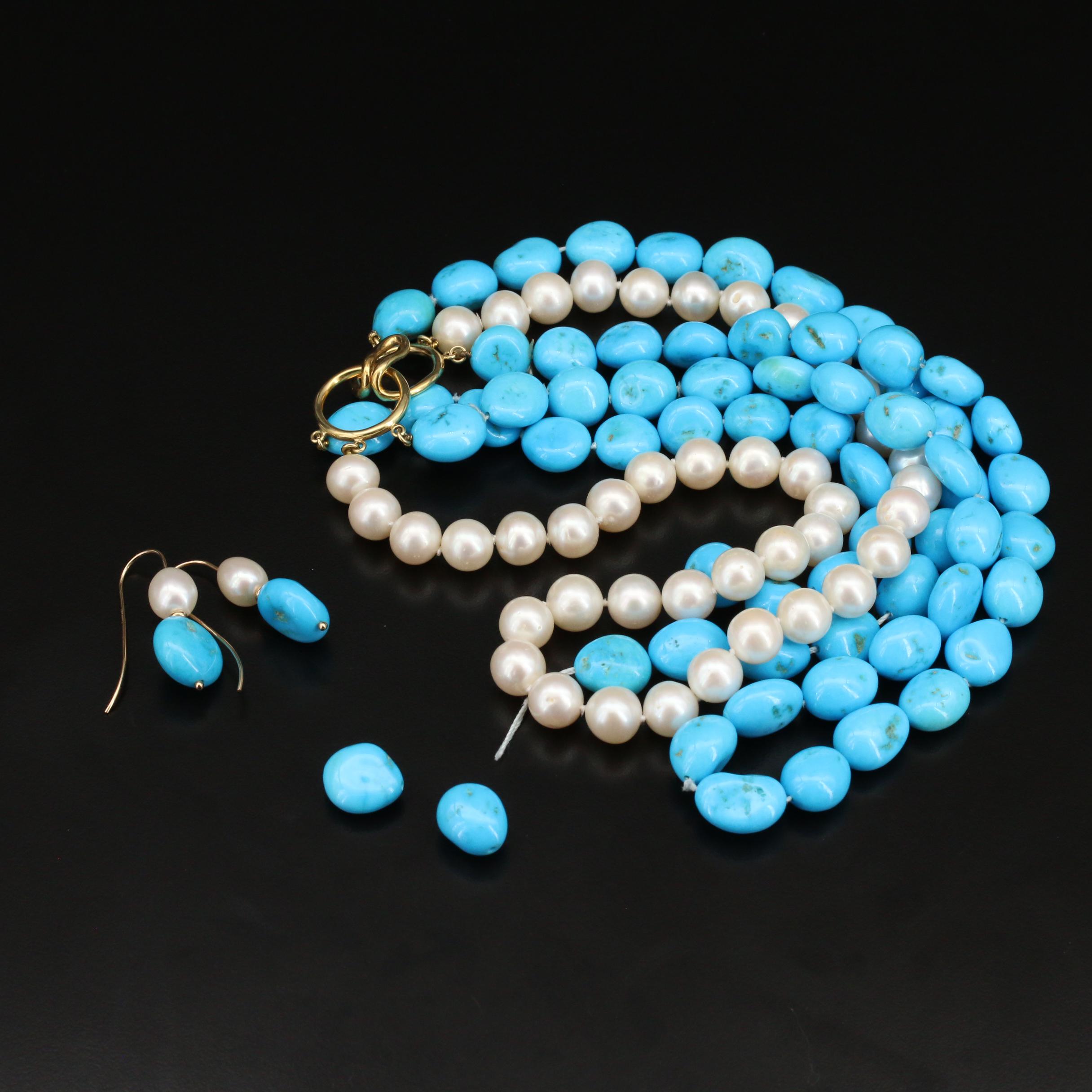 18K Pearl and Turquoise Triple Strand Necklace with 14K Bead Earrings