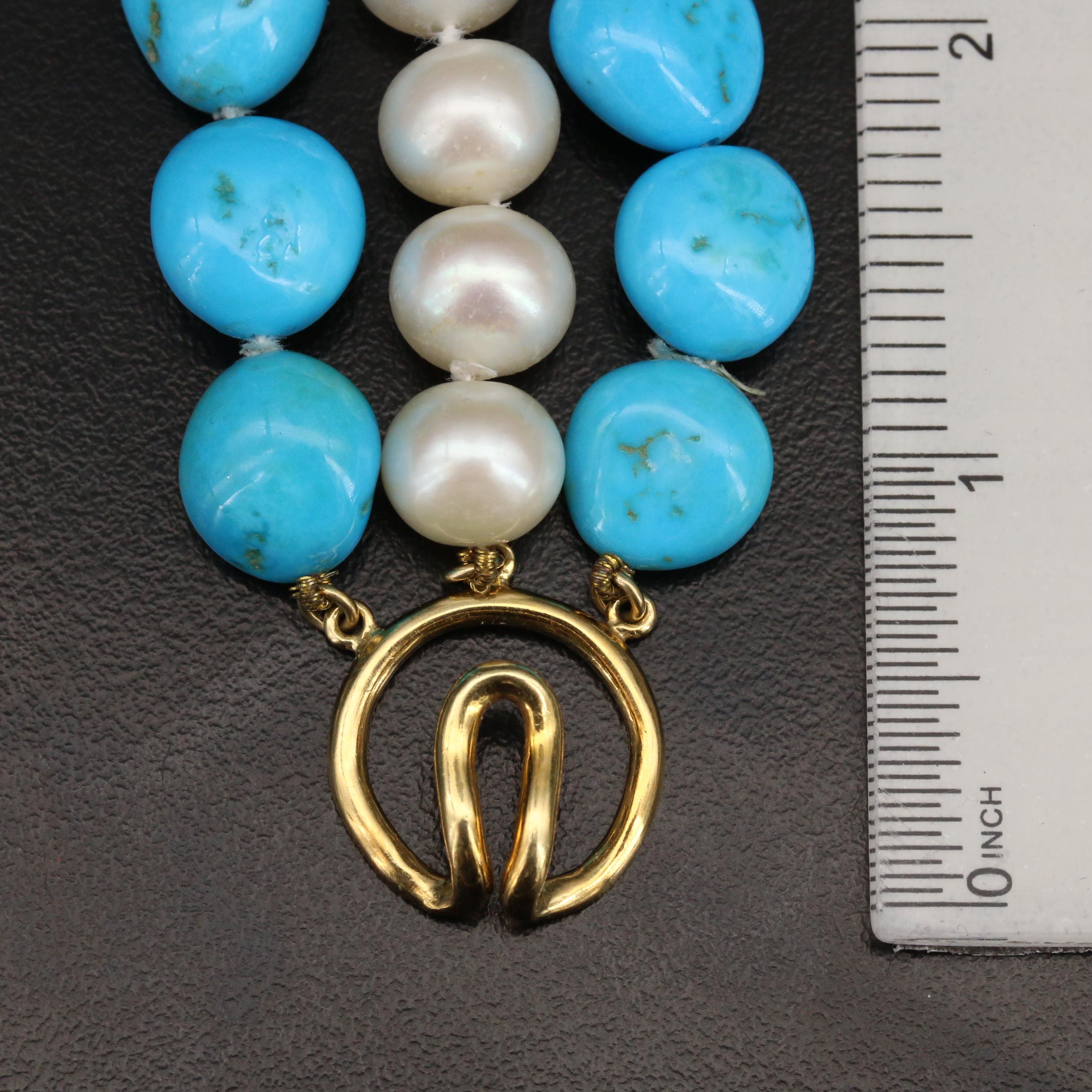 18K Pearl and Turquoise Triple Strand Necklace with 14K Bead Earrings