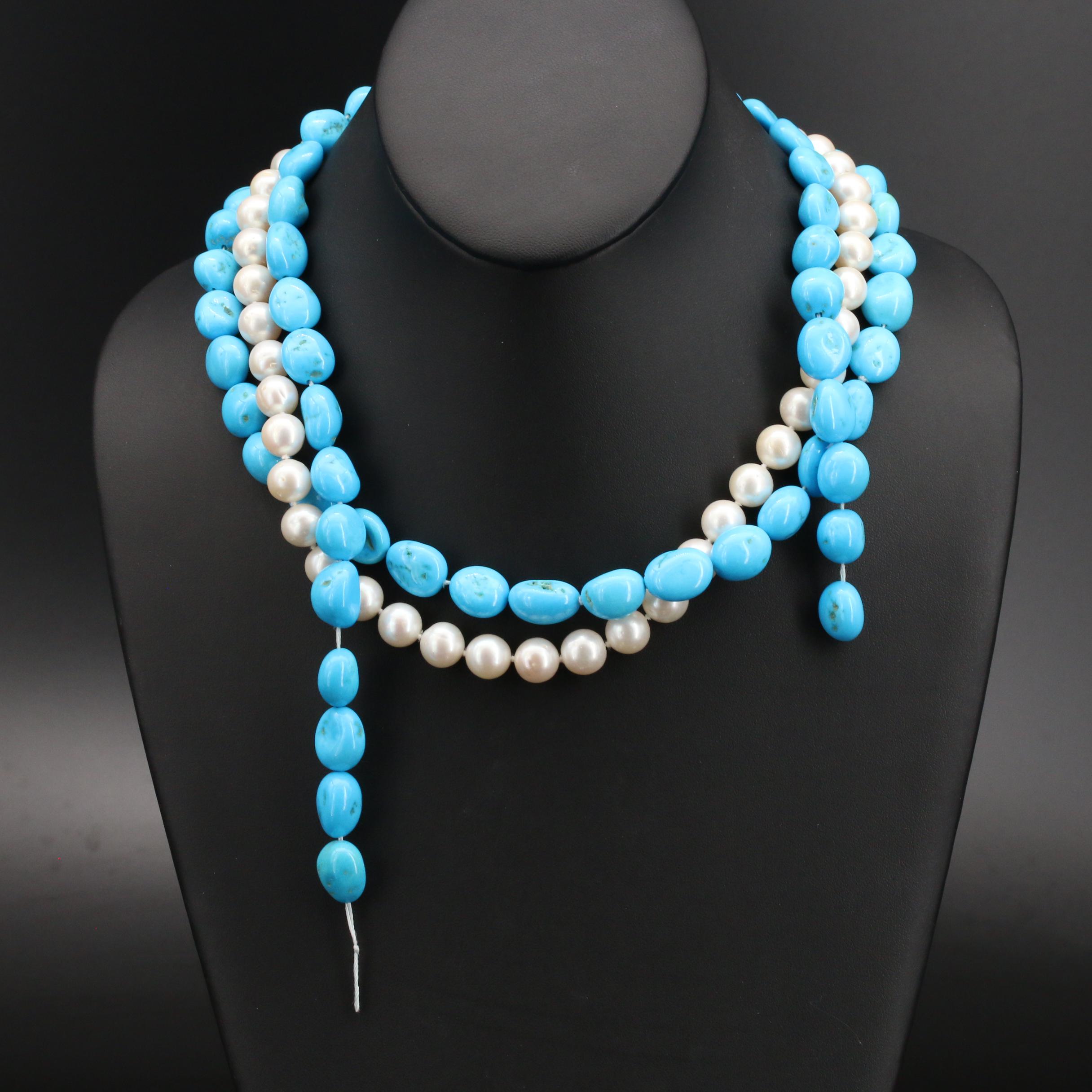 18K Pearl and Turquoise Triple Strand Necklace with 14K Bead Earrings