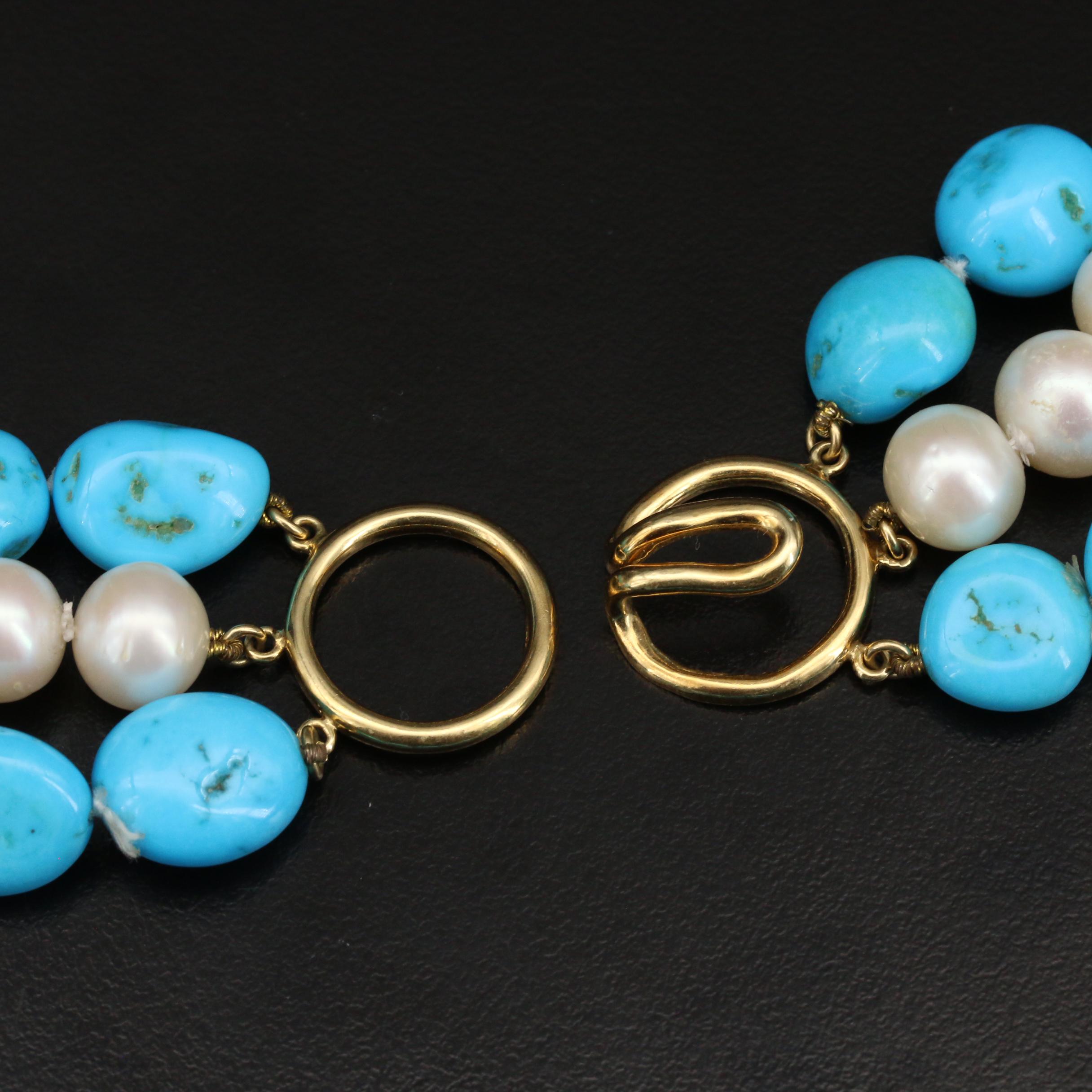 18K Pearl and Turquoise Triple Strand Necklace with 14K Bead Earrings