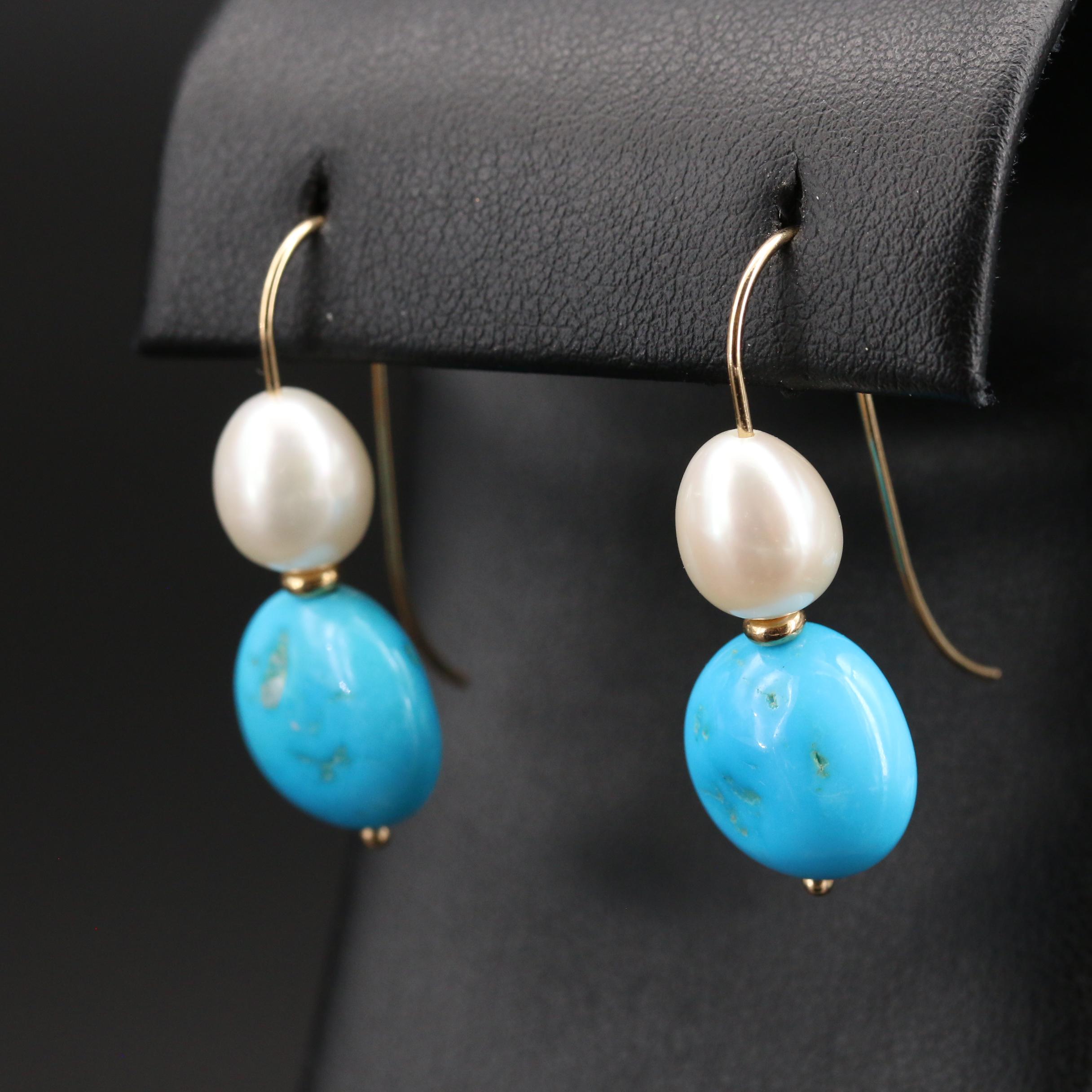 18K Pearl and Turquoise Triple Strand Necklace with 14K Bead Earrings