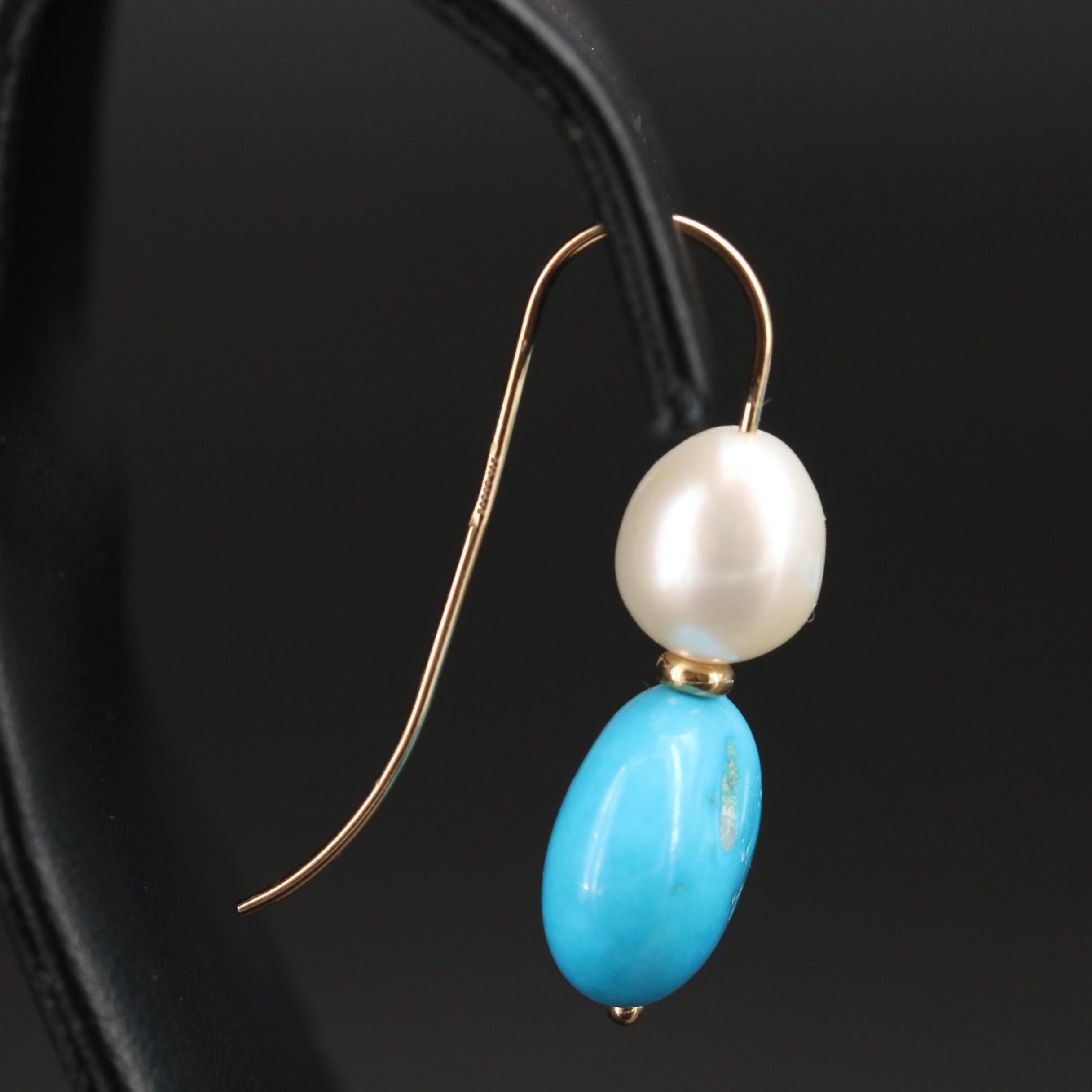 18K Pearl and Turquoise Triple Strand Necklace with 14K Bead Earrings