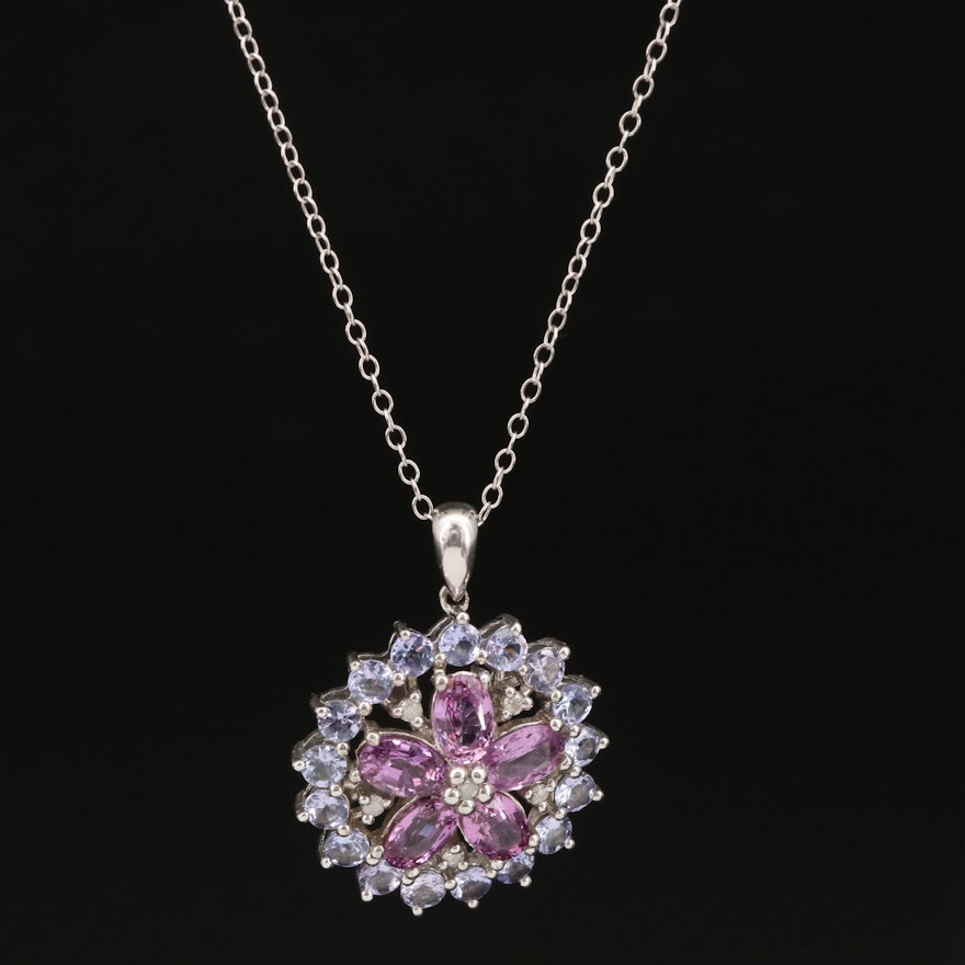 Sterling Tanzanite, Sapphire and Diamond Floral Pendant Necklace