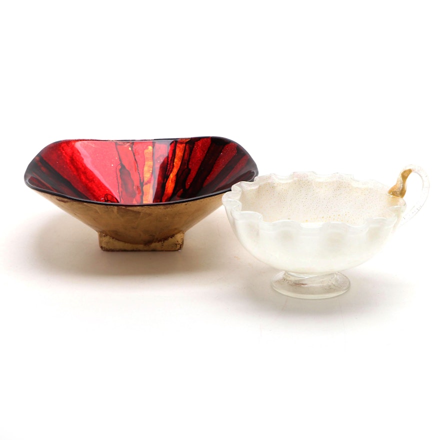 Murano Art Glass Footed Nappy Dish and Foiled Glass Bowl