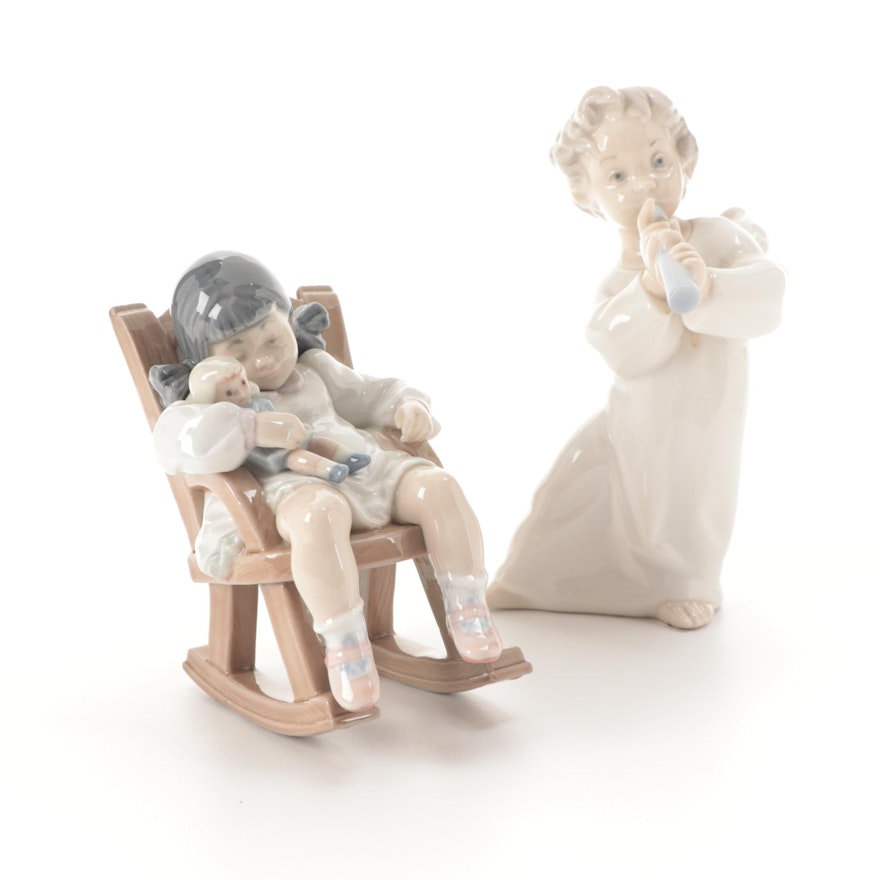 Lladró "Angel with Flute" and "Naptime" Porcelain Figurines
