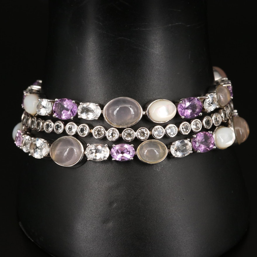 Sterling Rose Quartz, Mother of Pearl, Topaz and Amethyst Bracelet