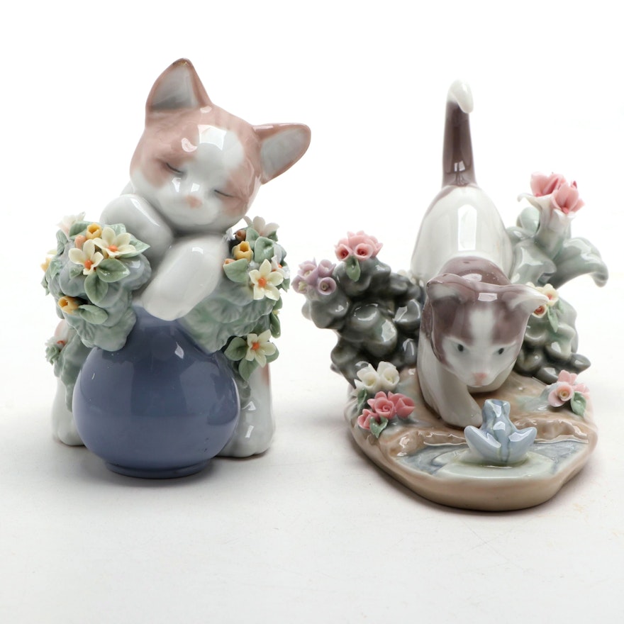 Lladró "Kitty Confrontation" and "Dreamy Kitten" Porcelain Figurines