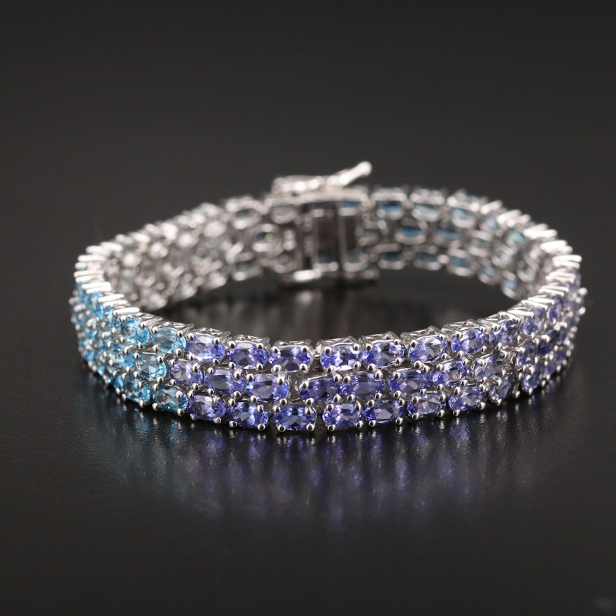 Sterling Aquamarine and Gemstone Multi-Row Bracelet