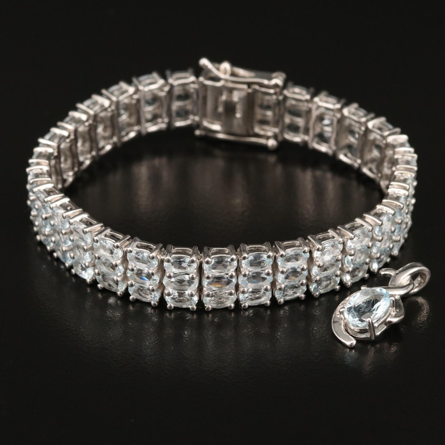 Sterling Aquamarine and Diamond Multi-Row Line Bracelet and Pendant