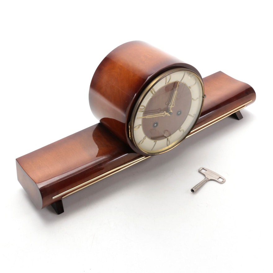 Mid Century Modern Mahogany Veneer German Mantel Clock, Mid-20th Century