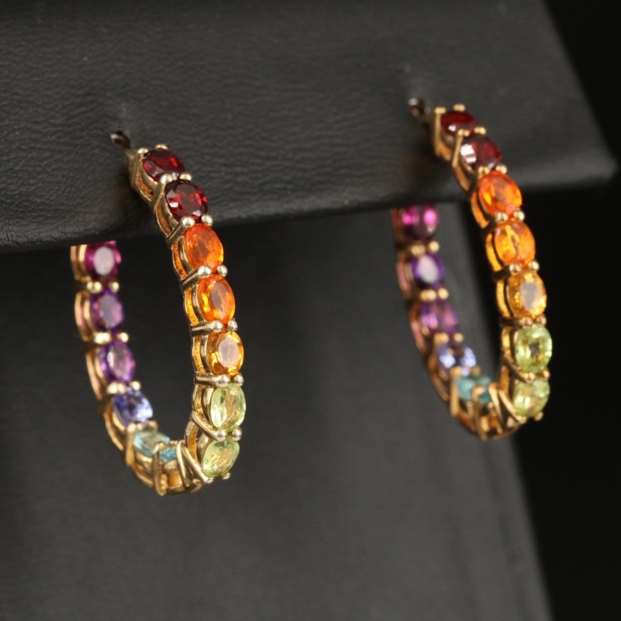 Sterling Silver Inside-Out Oval Hoop Earrings with Garnet, Fire Opal and Peridot