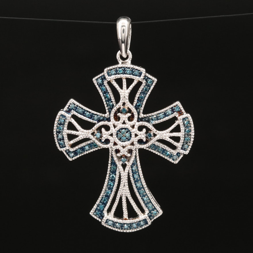 Sterling Silver Diamond Cross Pendant with Milgrain Detail