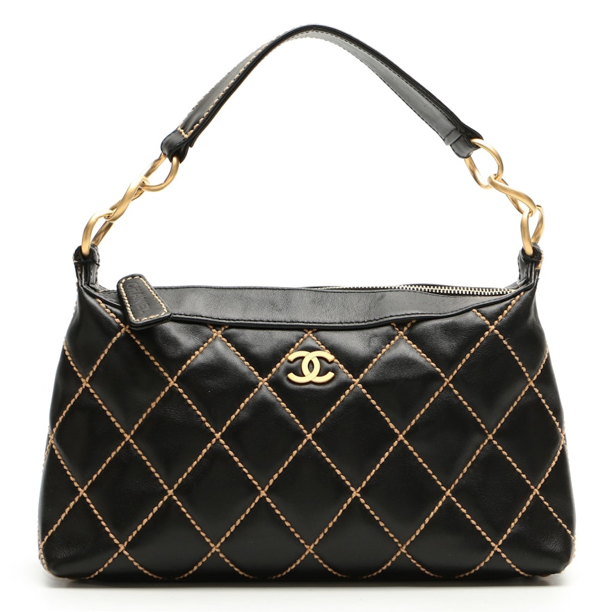 Chanel Wild Stitch Shoulder Bag in Quilted Black Leather