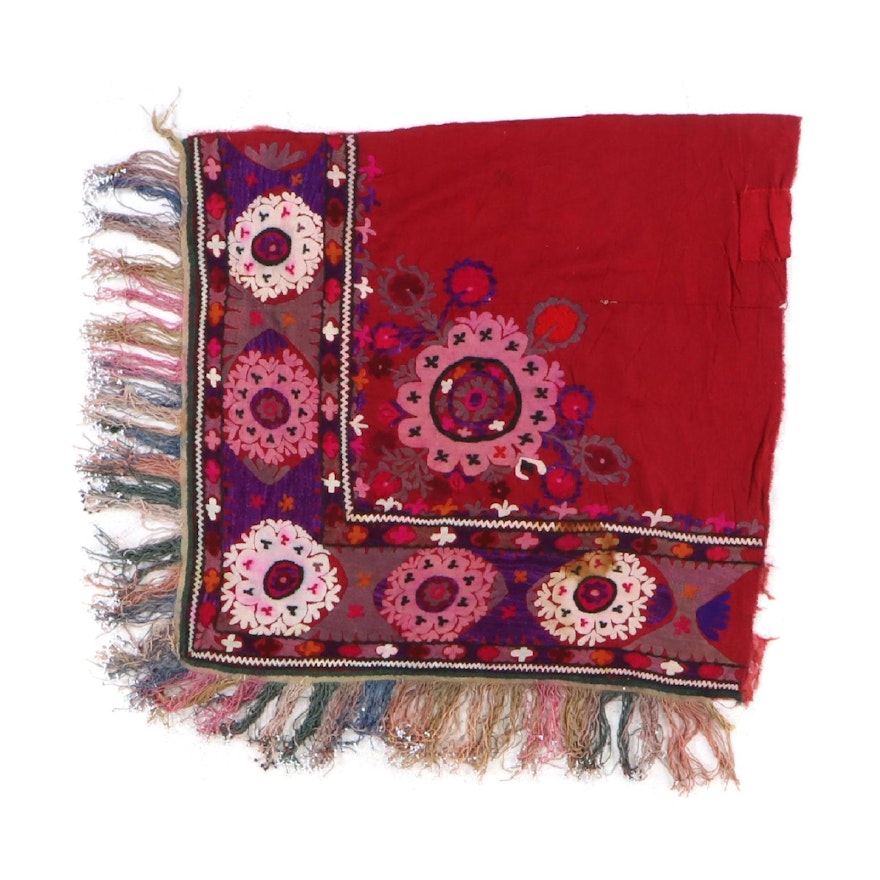 2'11 x 3'2 Hand-Embroidered Uzbek Textile Corner Remnant, 1920s
