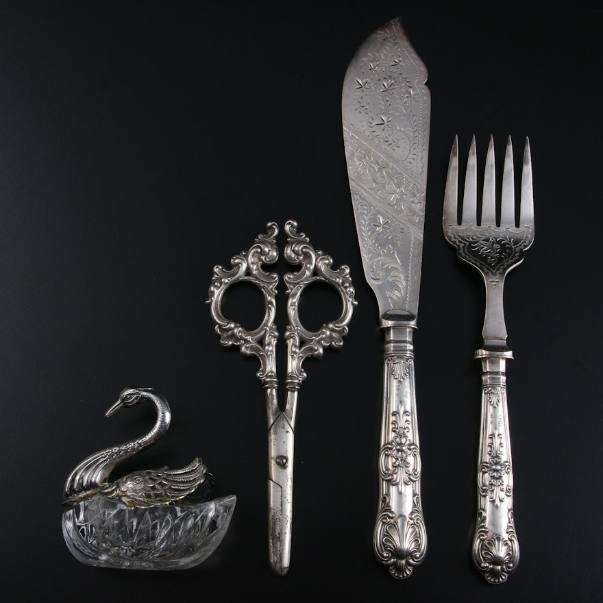 English Chased Sterling Silver Fish Serving Utensils and Other Tableware