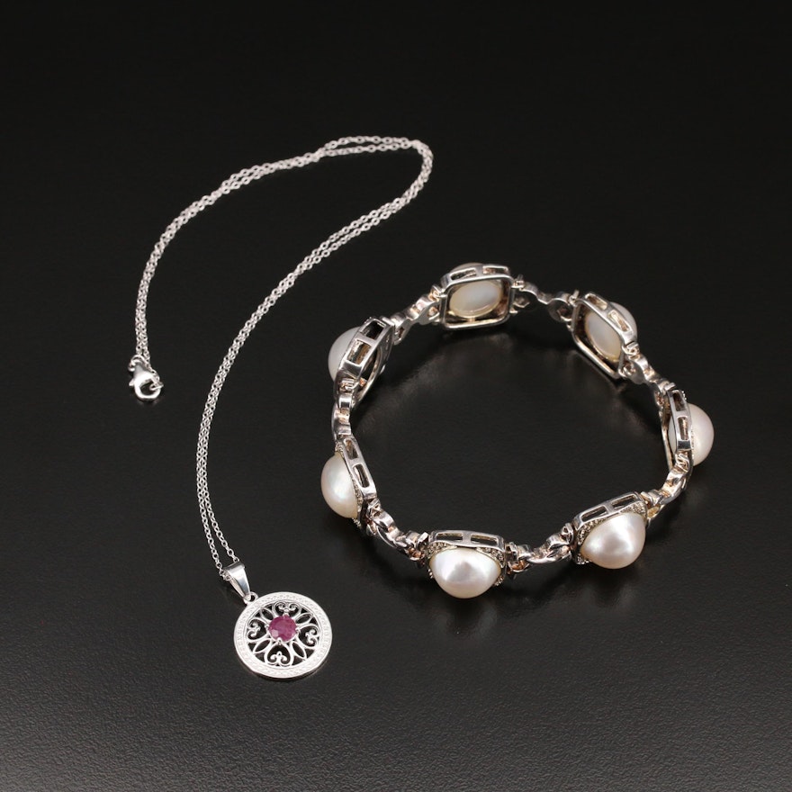 Sterling Pearl Link Bracelet and Corundum Openwork Pendant Necklace