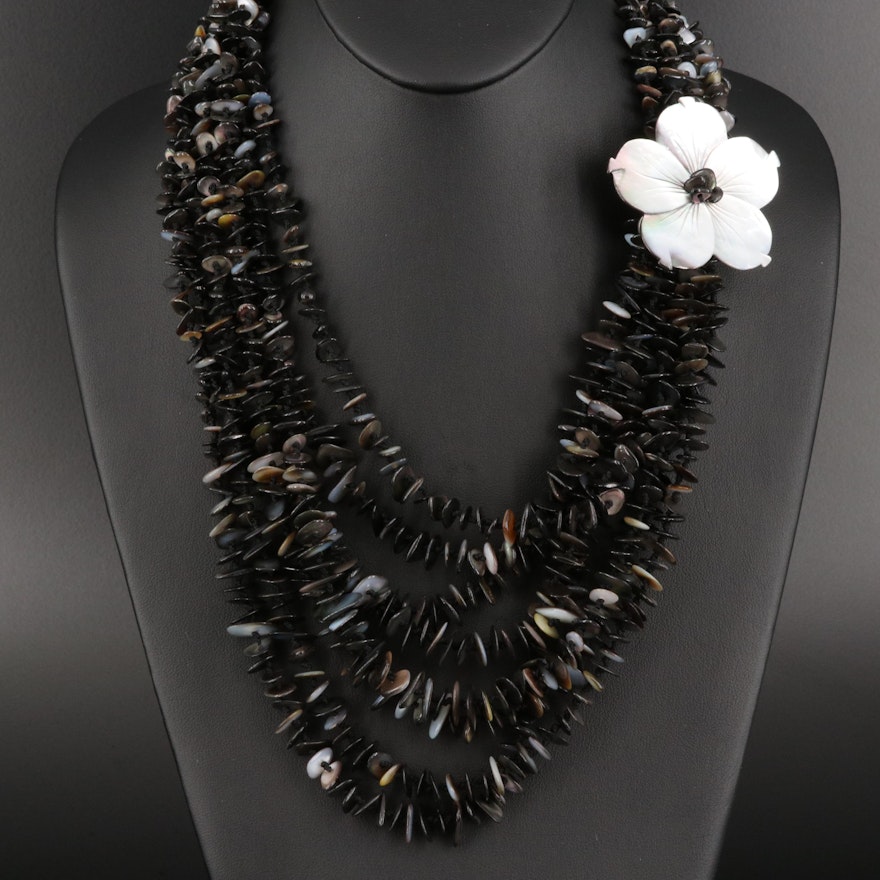 Black Mother of Pearl Multi Strand Necklace with Flower Accent