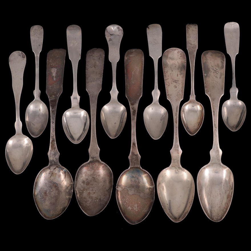 James Watson, and Other Coin Silver and Sterling Fiddle Handled Spoons