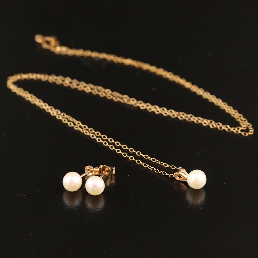 10K Pearl Necklace and Stud Earrings