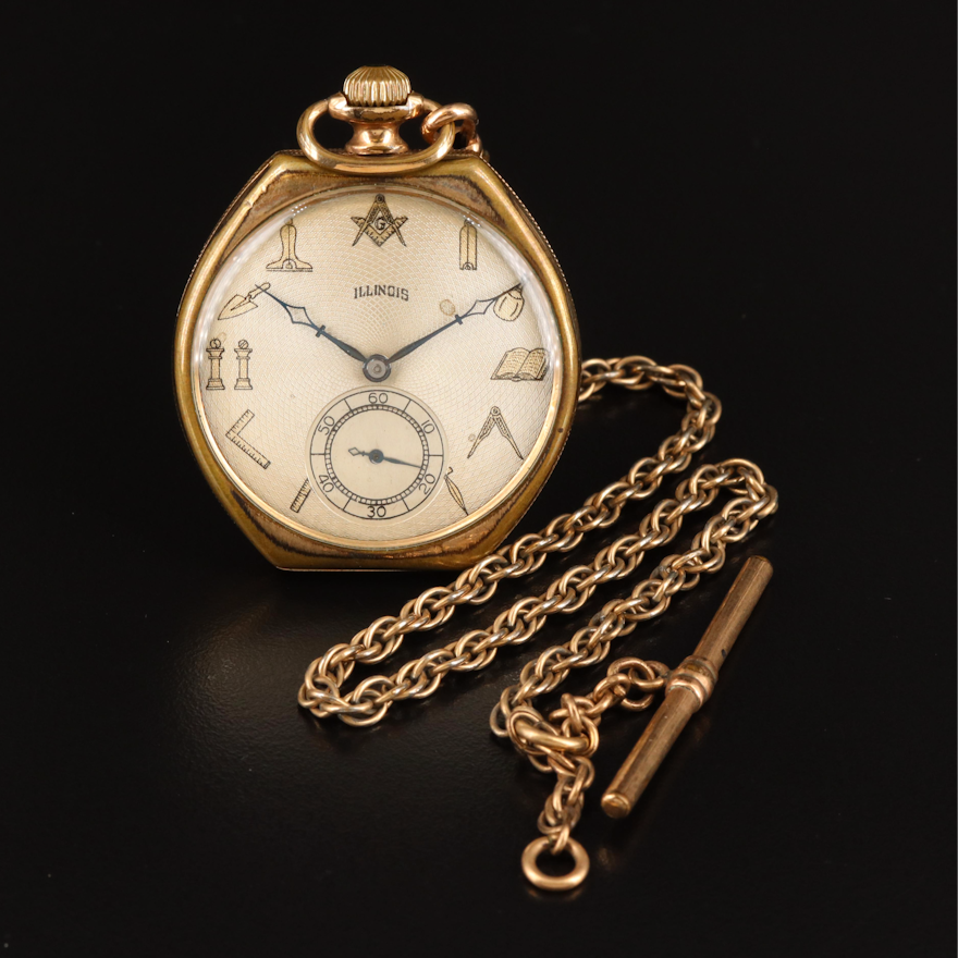 1922 Illinois Masonic Unusual Shape Pocket Watch with Chain Fob