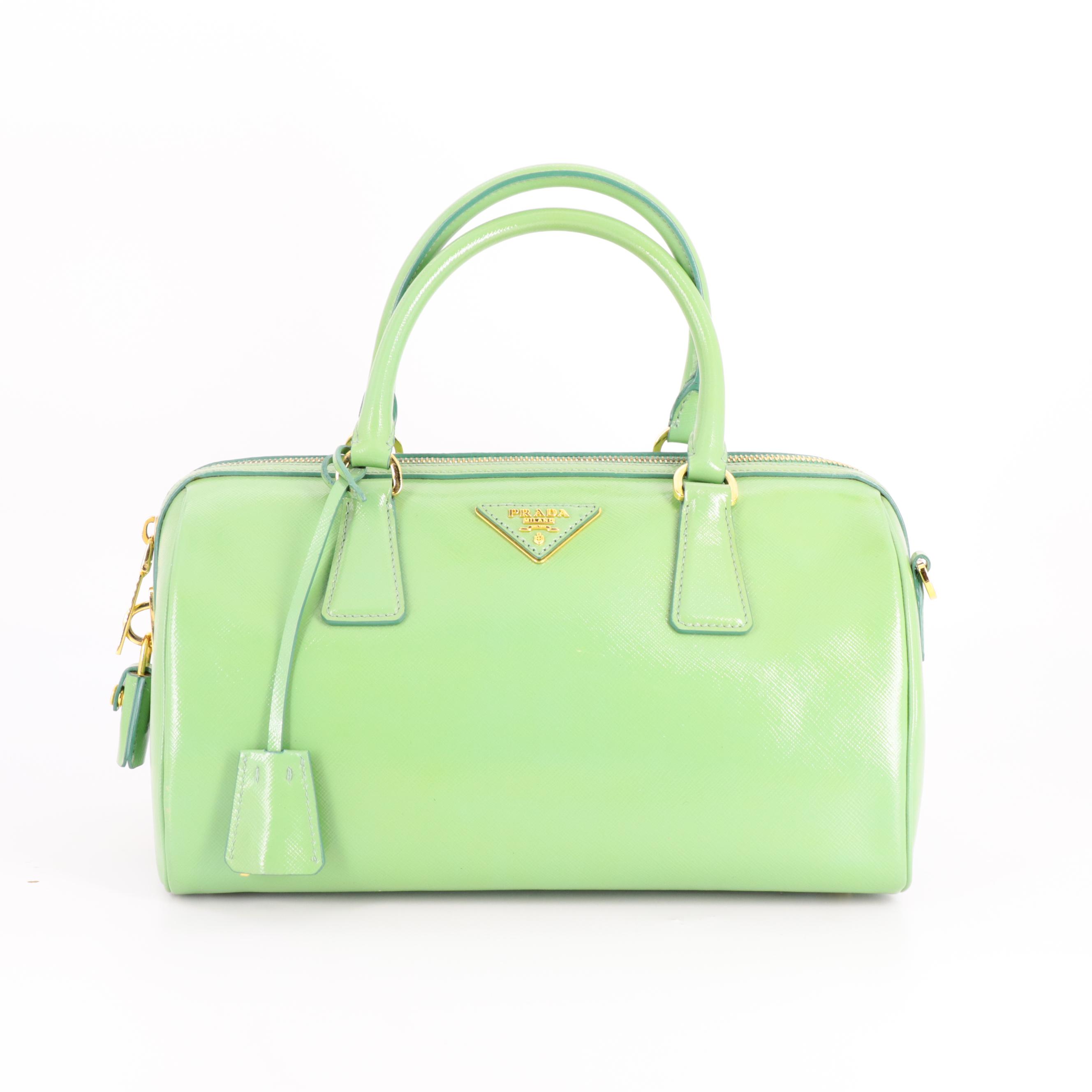 Prada Green Saffiano Patent Leather Bauletto Two-Way Bag