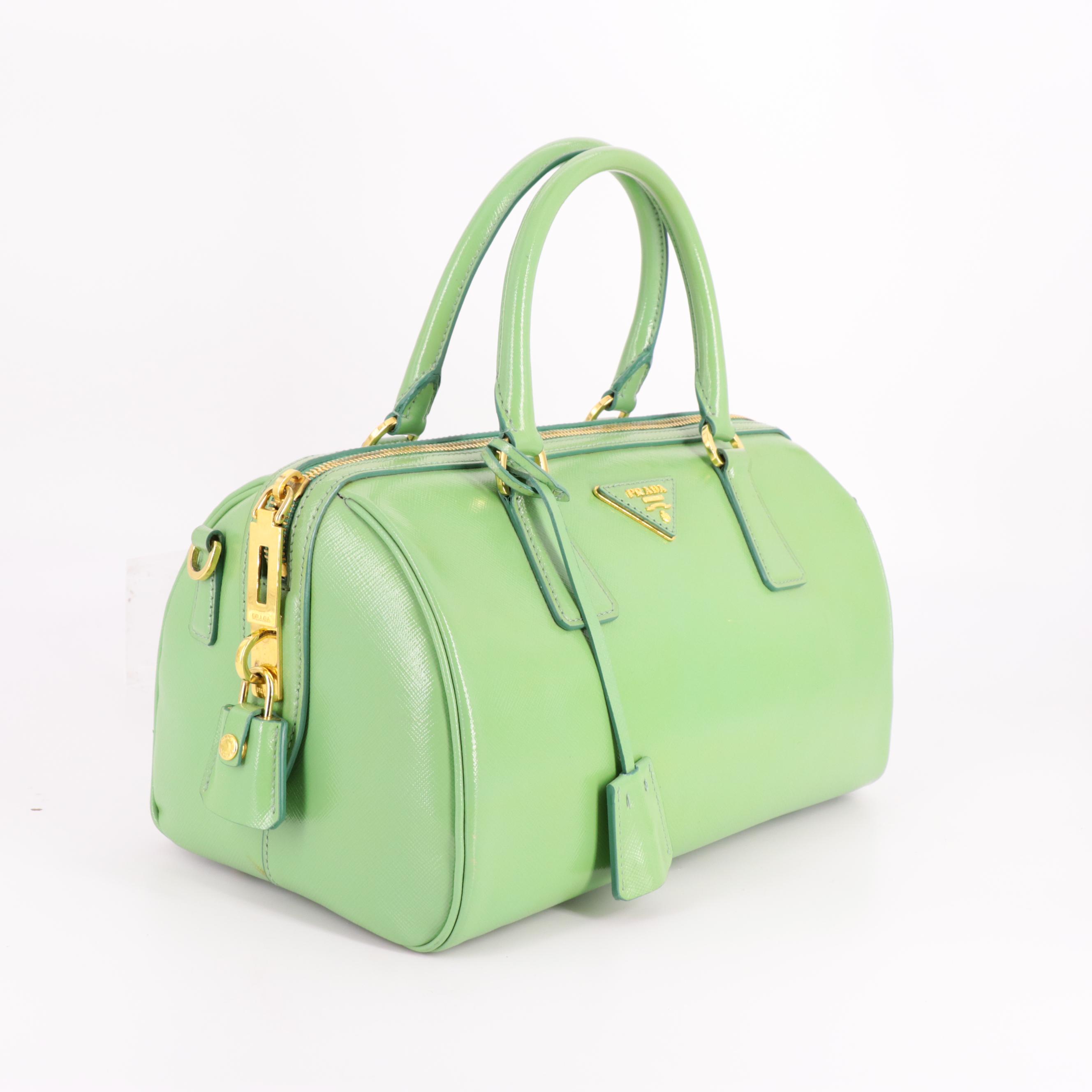 Prada Green Saffiano Patent Leather Bauletto Two-Way Bag