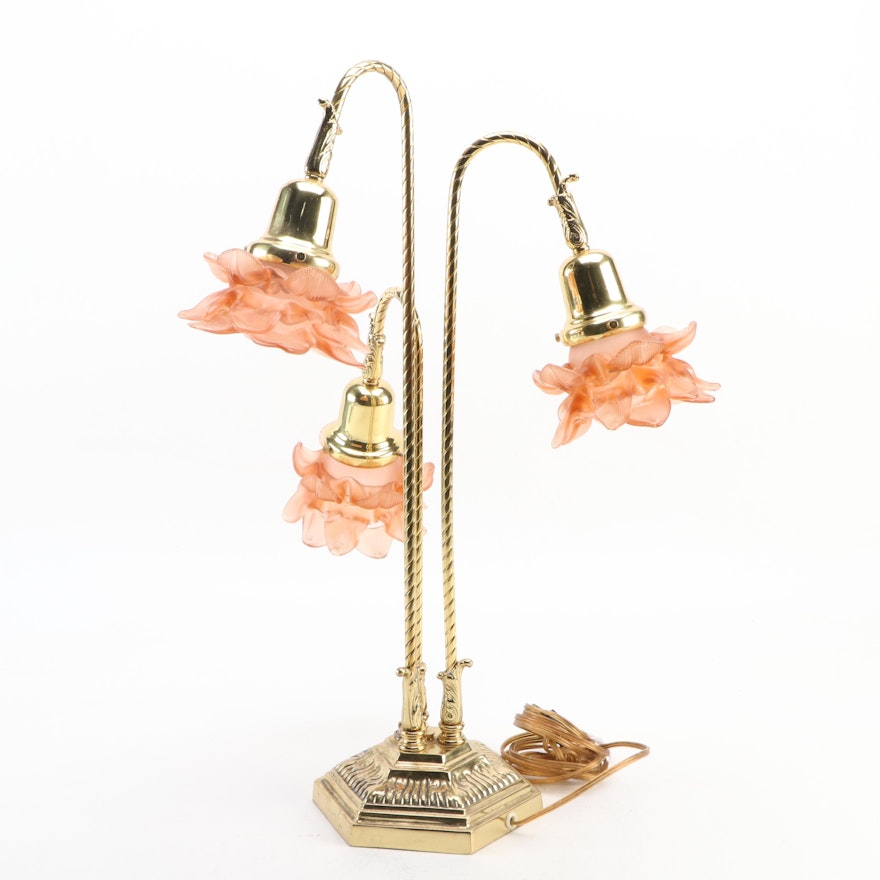 Lacquered Brass Three-Arm Table Lamp with Peach Glass Shades