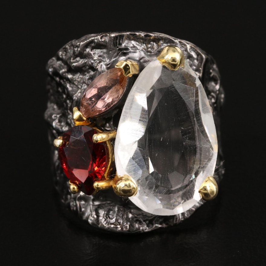 Sterling Silver Quartz, Garnet and Tourmaline Ring with Hammered Finish