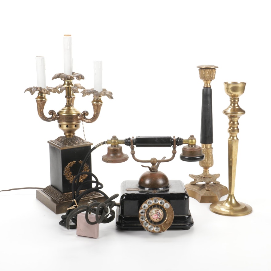Japanese Rotary Phone, Candelabra Lamp and Candlesticks, Mid-20th C