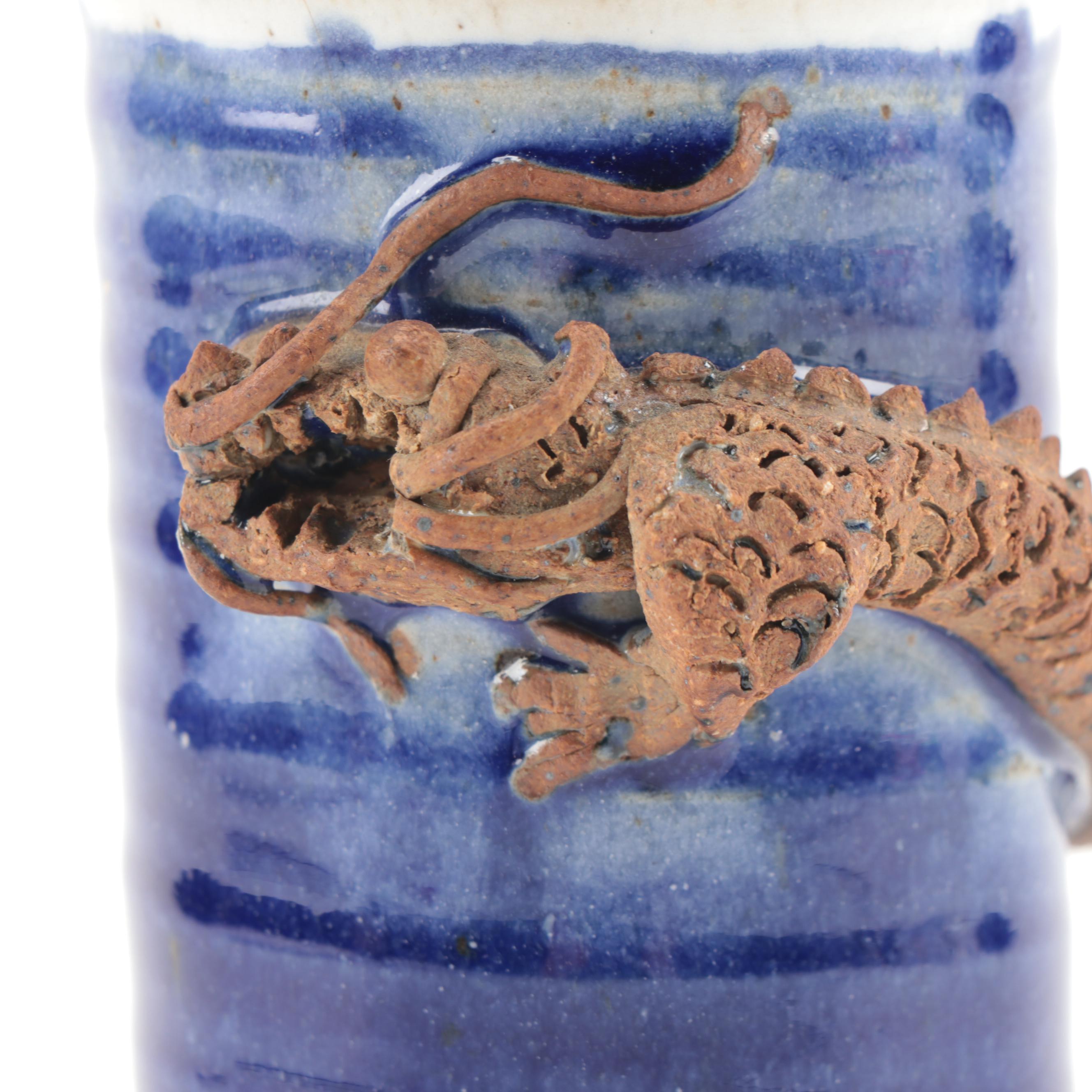 Dragon Fired Studio Pottery Cylindrical Vase with Applied Coiled Dragon