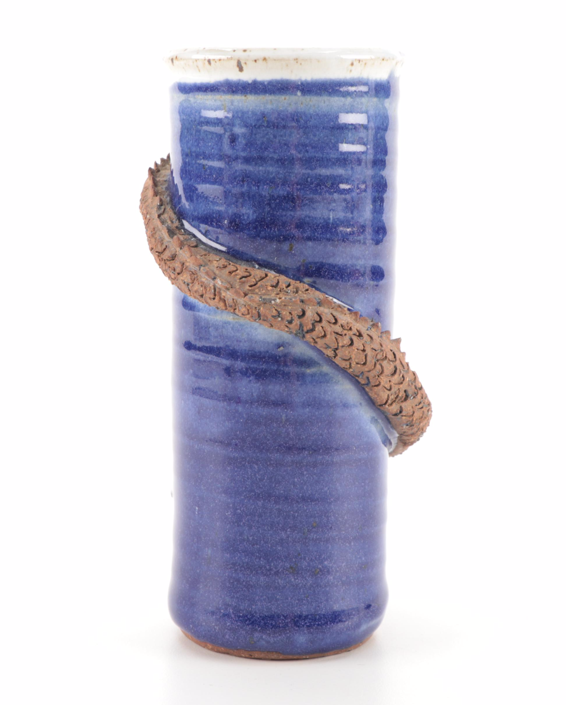 Dragon Fired Studio Pottery Cylindrical Vase with Applied Coiled Dragon