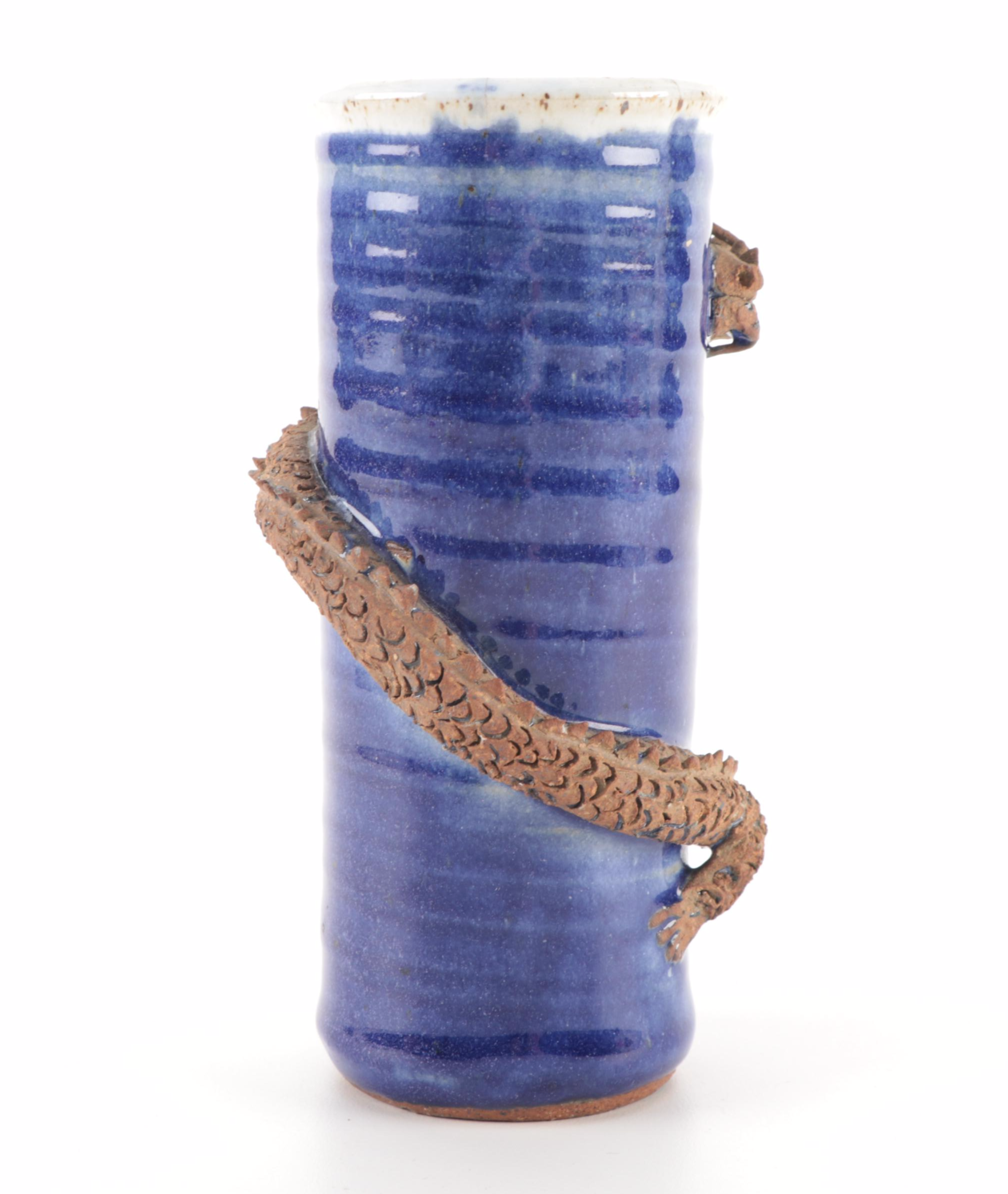 Dragon Fired Studio Pottery Cylindrical Vase with Applied Coiled Dragon