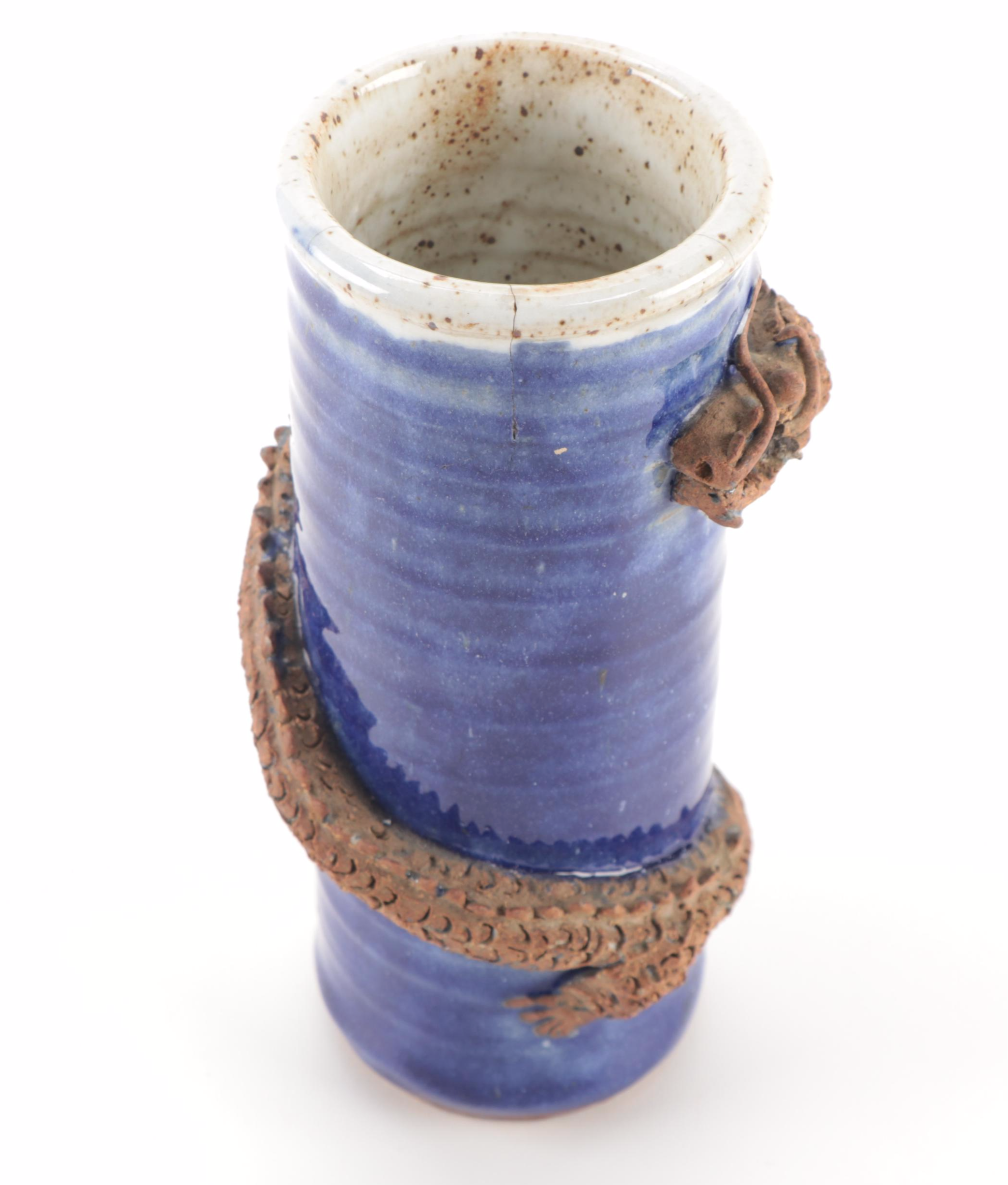 Dragon Fired Studio Pottery Cylindrical Vase with Applied Coiled Dragon