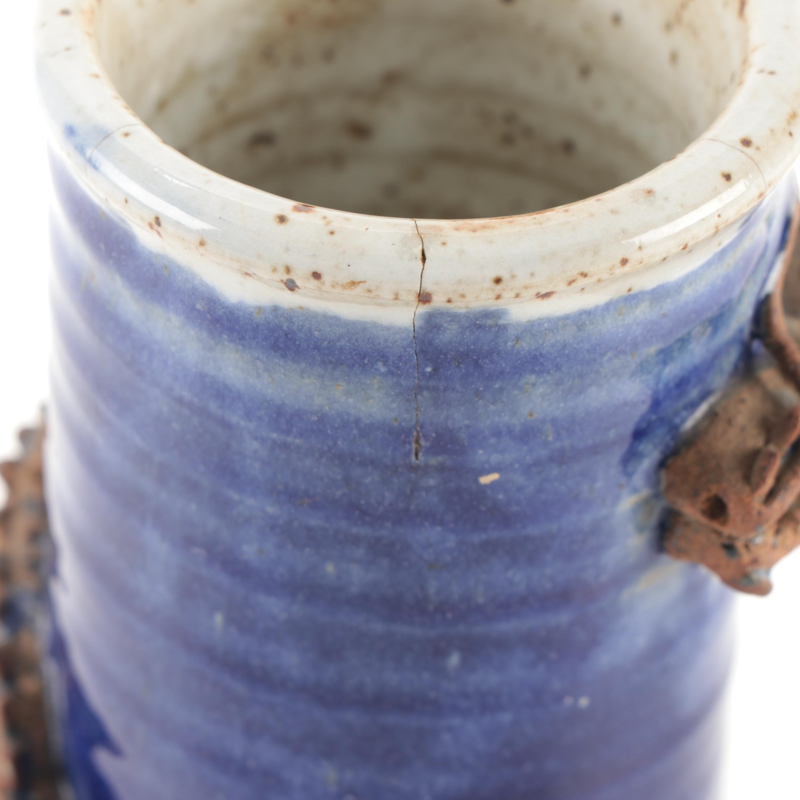 Dragon Fired Studio Pottery Cylindrical Vase with Applied Coiled Dragon