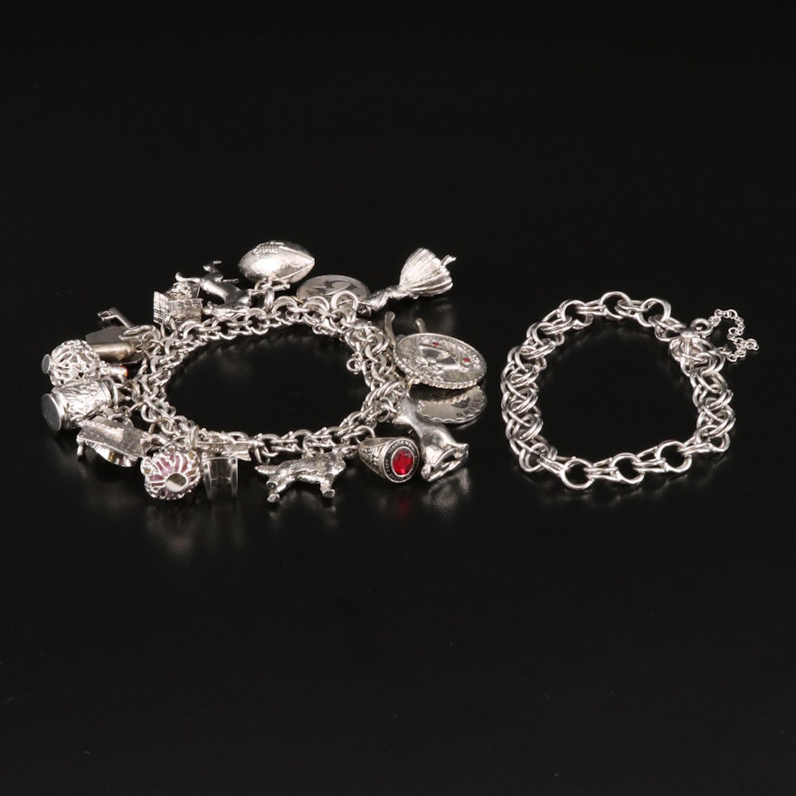 Vintage Sterling Silver Charm Bracelets Featuring Various Designs