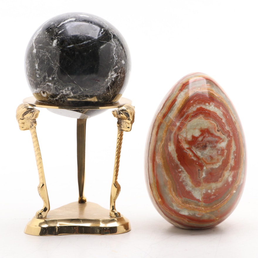 Polished Black Marble Sphere on Brass Stand with Polished Onyx Egg