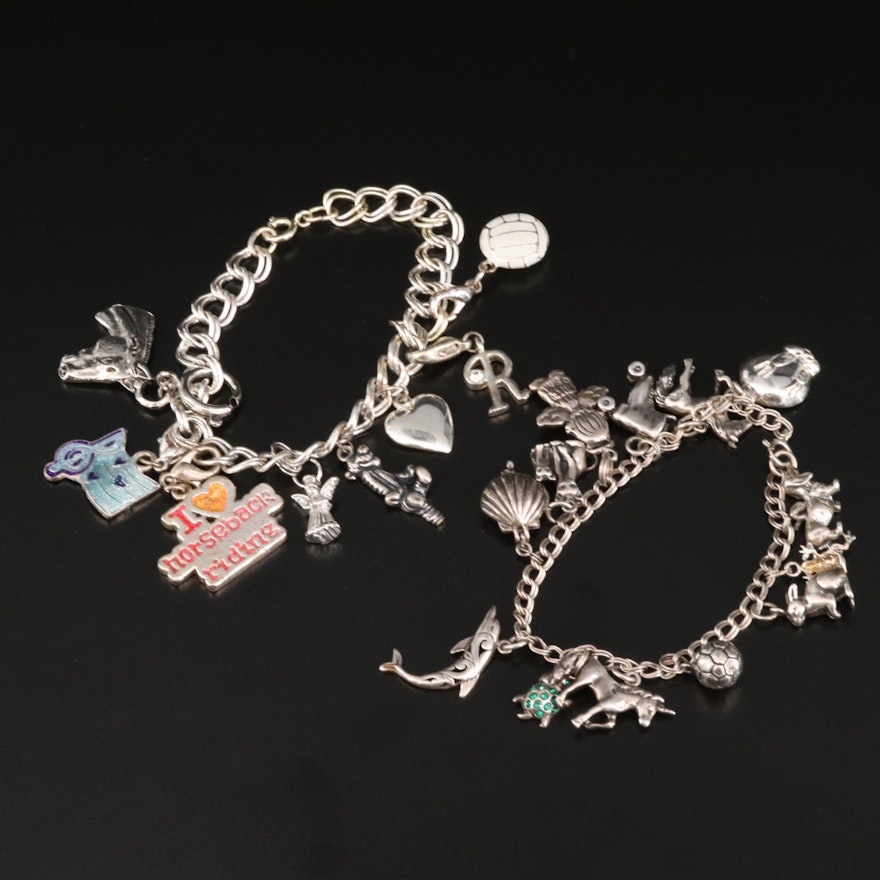 Vintage Sterling Charm Bracelets Featuring Cubic Zirconia and Enamel Accents
