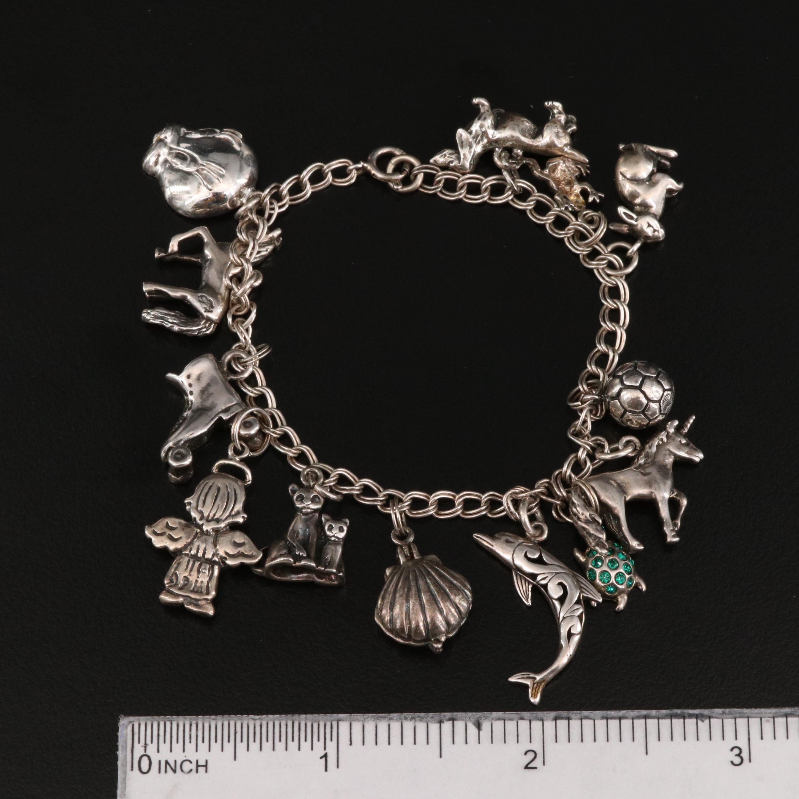 Vintage Sterling Charm Bracelets Featuring Cubic Zirconia and Enamel Accents