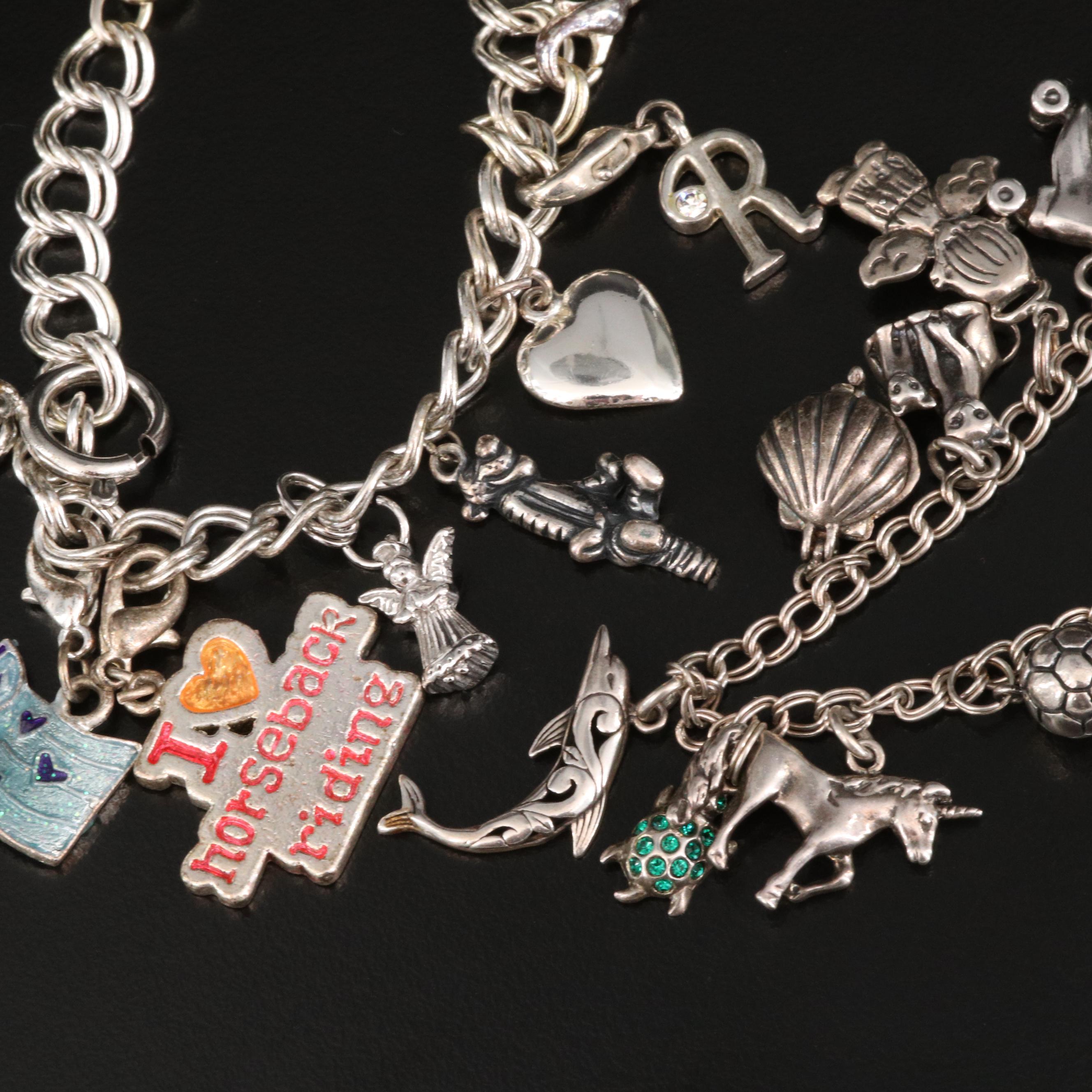 Vintage Sterling Charm Bracelets Featuring Cubic Zirconia and Enamel Accents