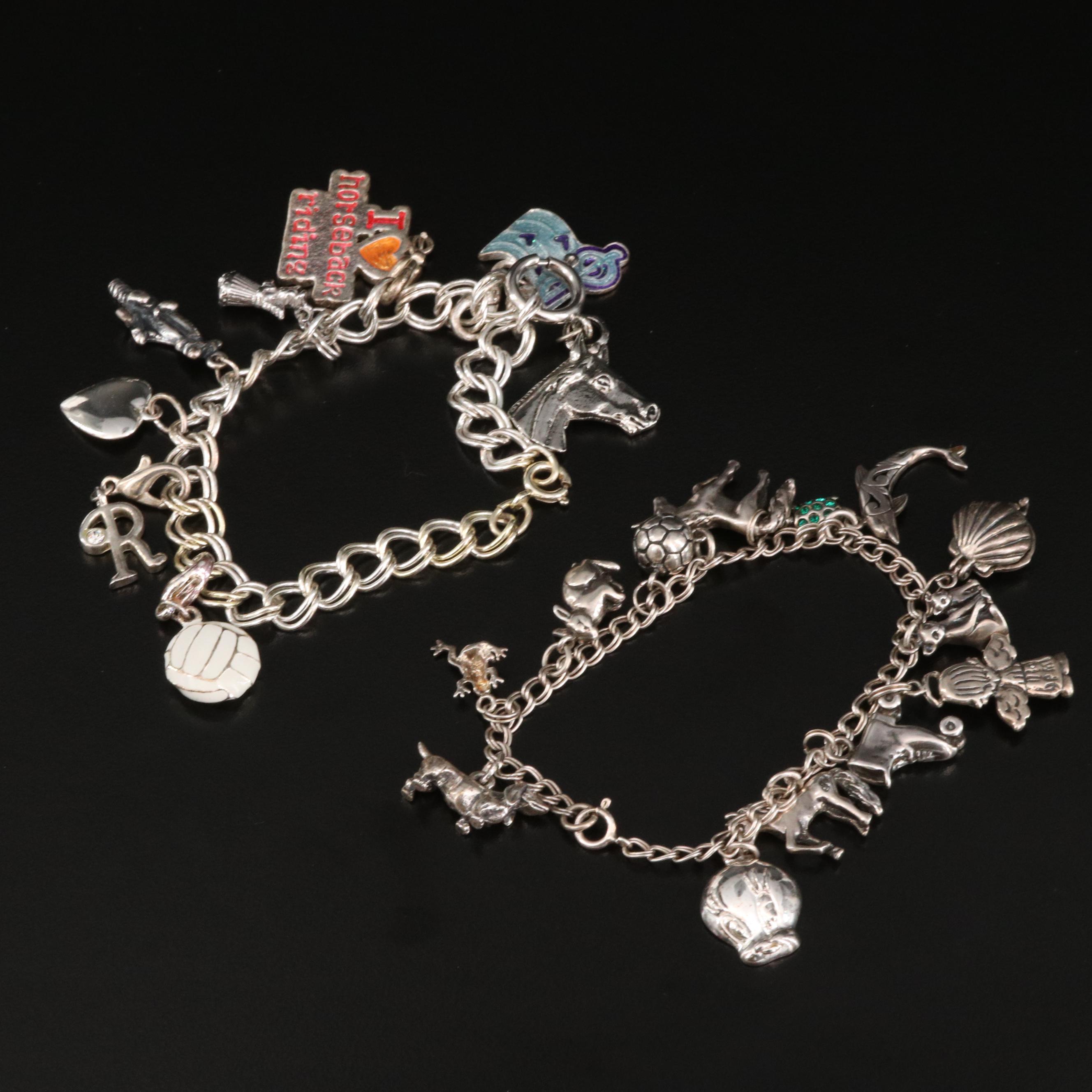 Vintage Sterling Charm Bracelets Featuring Cubic Zirconia and Enamel Accents