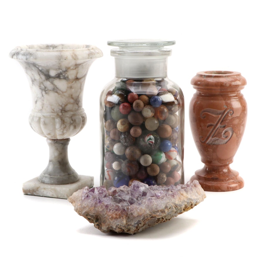 Glass and Clay Marble Collection with Amethyst Specimen and Carved Stone Vases