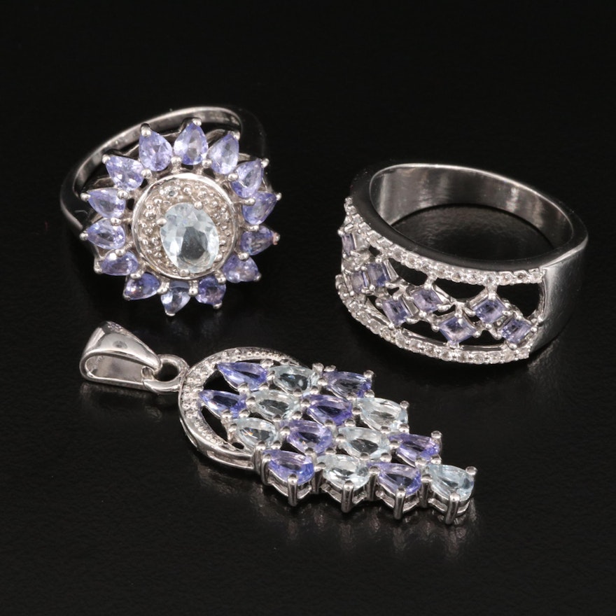 Sterling Rings and Pendant Featuring Tanzanite, Aquamarine and White Topaz