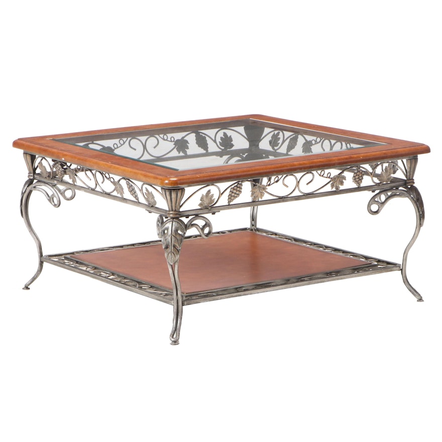 Patinated-Metal, Simulated-Leather, and Glass Top Coffee Table