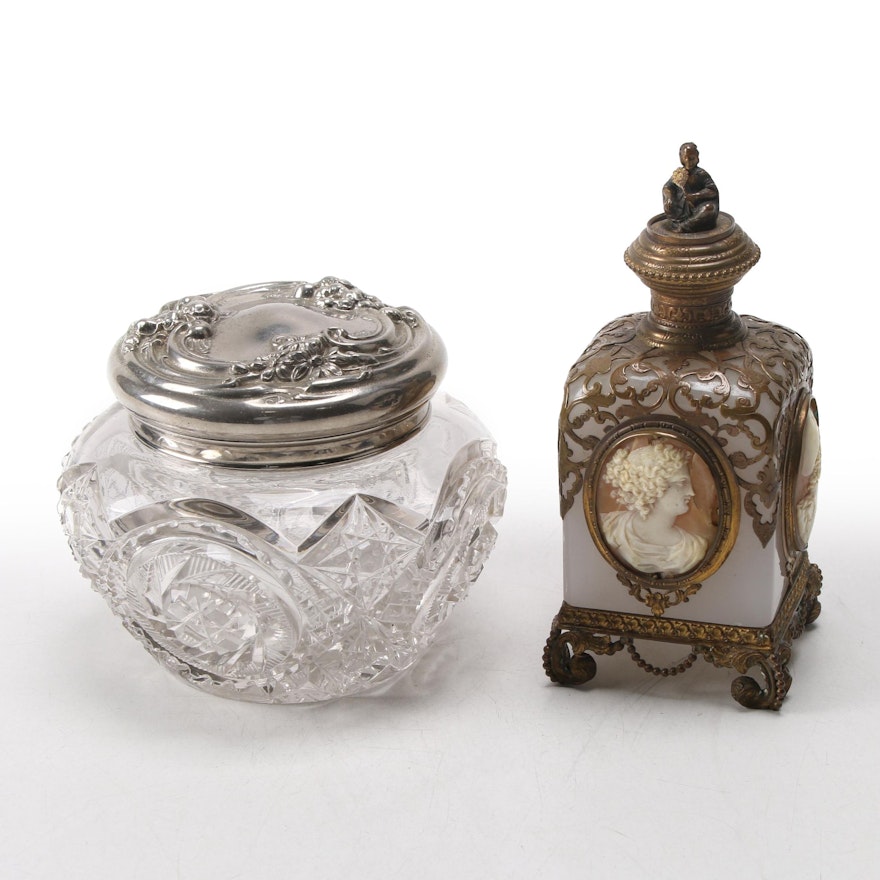 French Palais Royal Cameo Accented Perfume Bottle and Cut Glass Vanity Jar